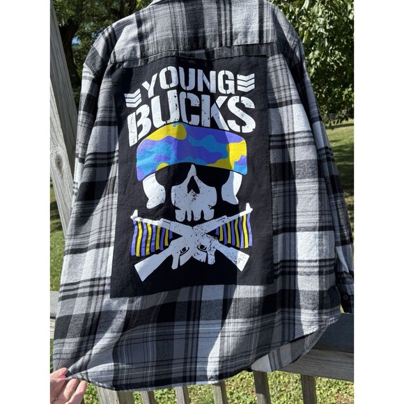 Young Bucks Bullet Club Upcycled Flannel Shirt Size 2X Plaid Button Up Wrestling - Picture 1 of 11